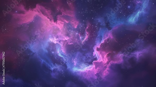 A celestial scene with purple and blue hues, clouds, and stars in the sky