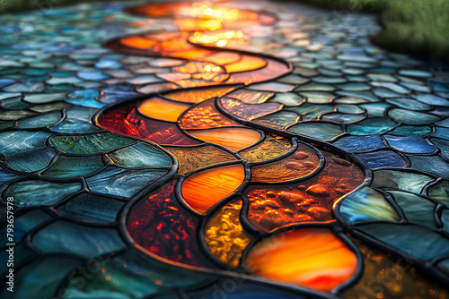 stained glass window with a river in the background using the Leadlight technique photo