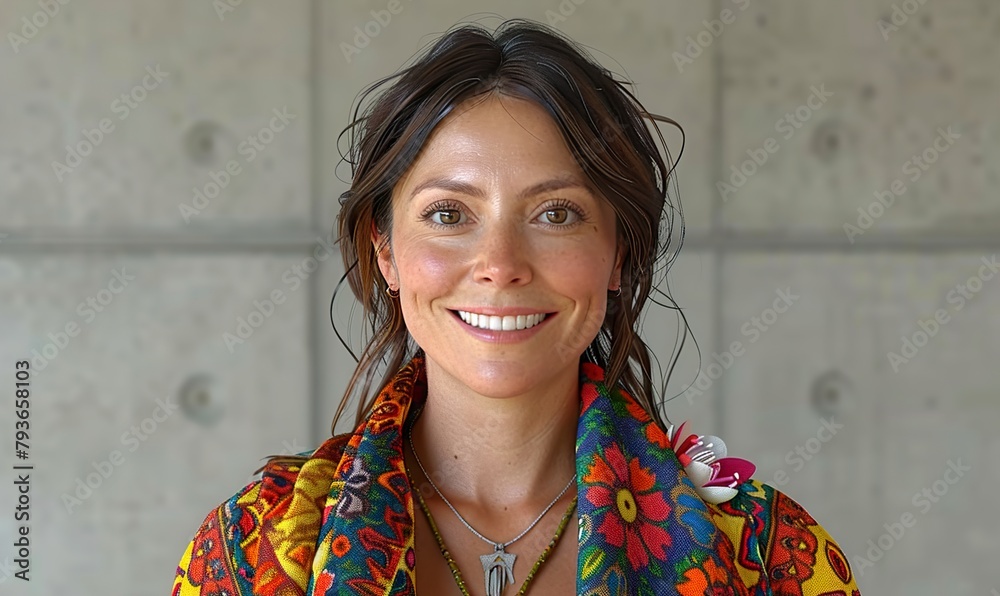 A smiling woman wearing a colorful scarf 