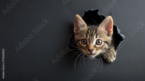 Cute kitten sticking its head out of the hole in black paper background