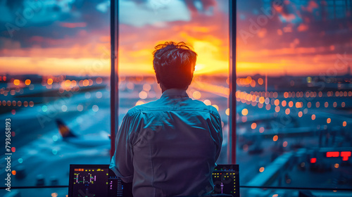 silhouette of a traffic controller in an airport control tower at sunrise