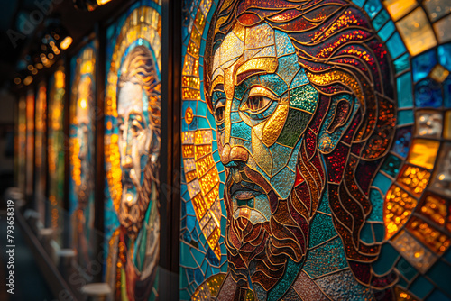 stained glass artworks Depict figures from various religious traditions