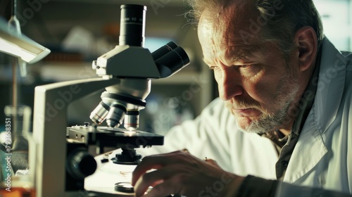 Biologist in a laboratory, focused, examining a microscope slide, contemplative, styled as high-keygraphy.