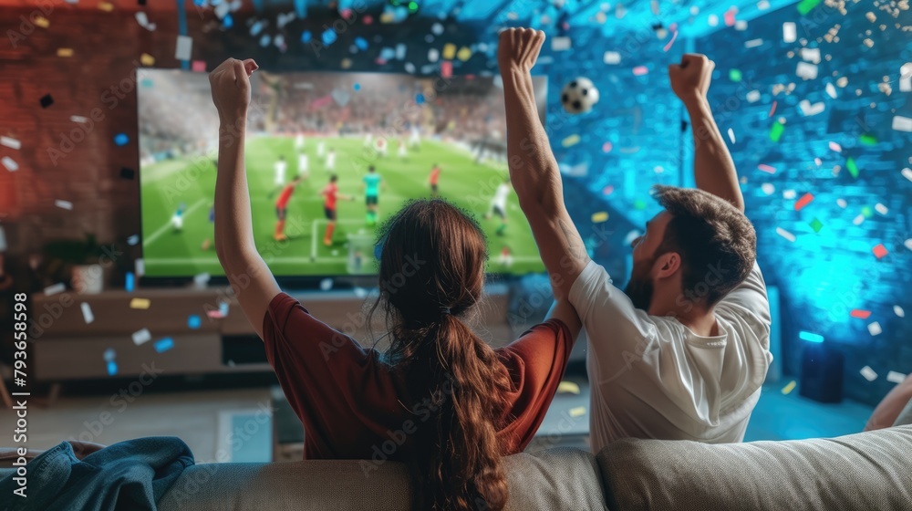 A group of fans enjoying a soccer match on a couch, captivated by the television, football TV experiencing the fun and entertainment of the world favorite sport. AIG41