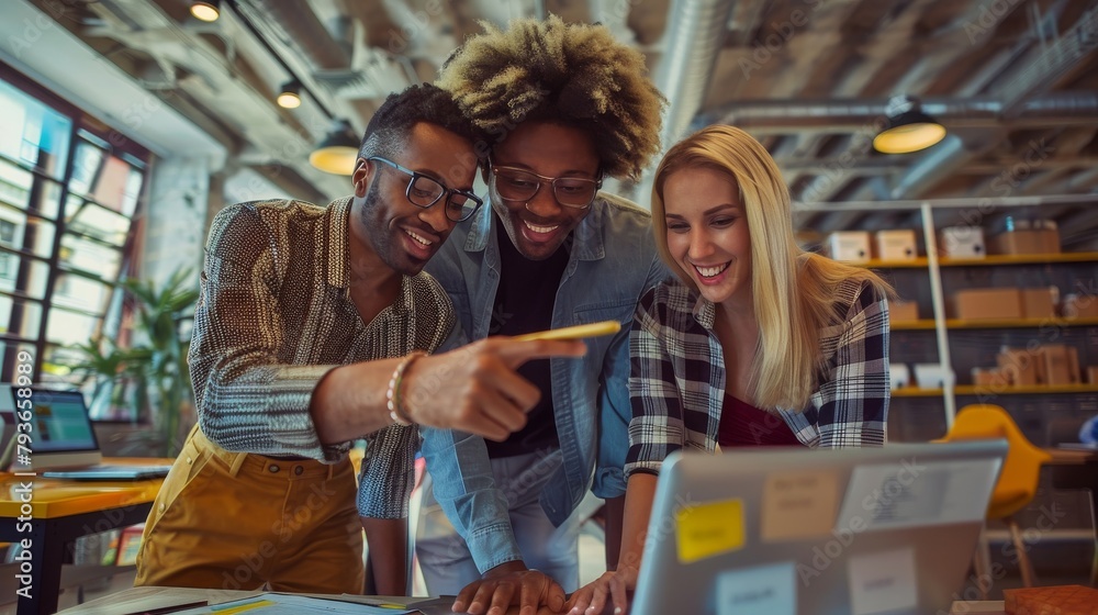 Business colleagues in a modern office, engaged and cooperative, leaning over a tablet, showing enthusiasm and positivity, styled as contemporary digitalgraphy.