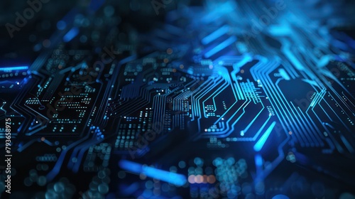 futuristic microchip CPU circuit board with blue light technology