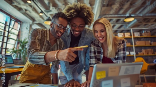 Business colleagues in a modern office, engaged and cooperative, leaning over a tablet, showing enthusiasm and positivity, styled as contemporary digitalgraphy.