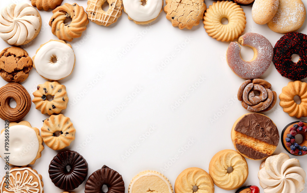 Cookie poster design. A variety of delicious biscuits are placed in a circle with a variety of interesting colors Cookie poster design. A variety of delicious biscuits are placed in a circle with a variety of interesting colors