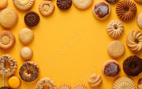 Cookie poster design. A variety of delicious biscuits are placed in a circle with a variety of interesting colors