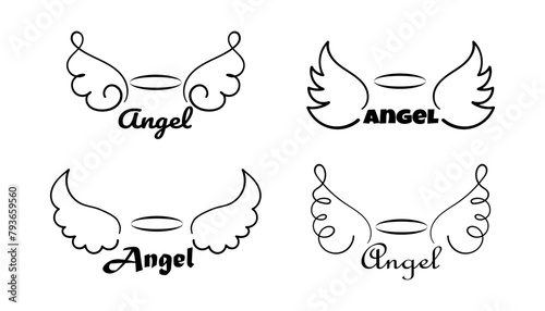 Angels Wings set with aureole. Doodle hand drawn logo. Wing and halo nimbus sketch tattoo contour. Collection of Vector illustration isolated on white background