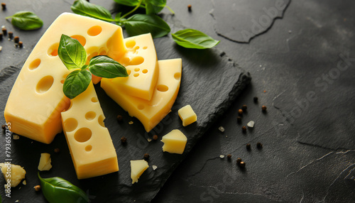 Board with pieces of tasty emmental cheese and basil on black stone background photo