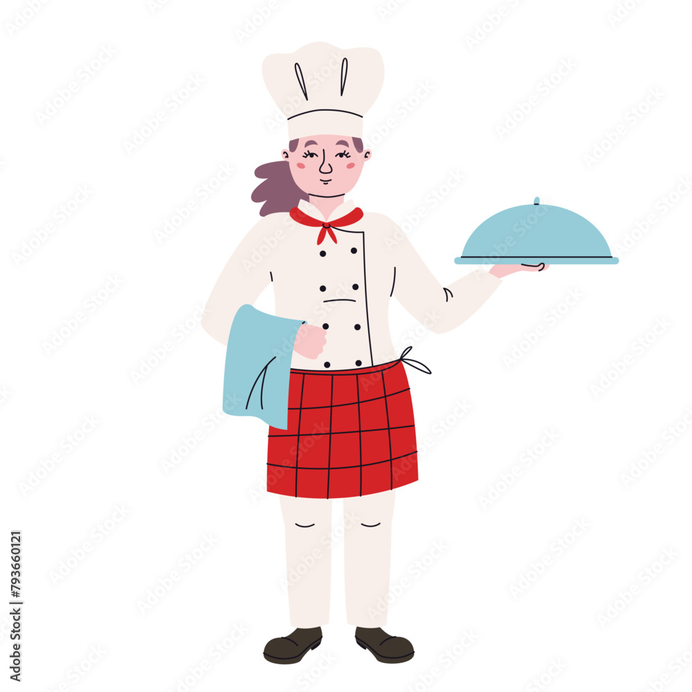 Female chef holding dish. Character in doodle style. Female chef holding dish. Character in doodle style.