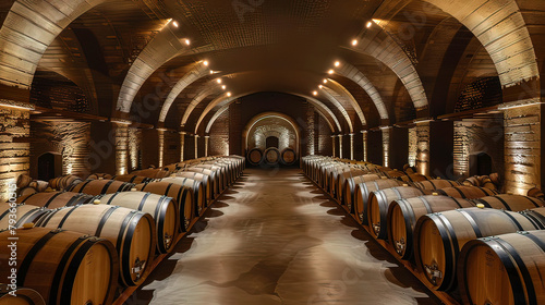 A wine cellar in the wine industry with a large number of oak barrels for wine. A large wine cellar with large columns and arches.