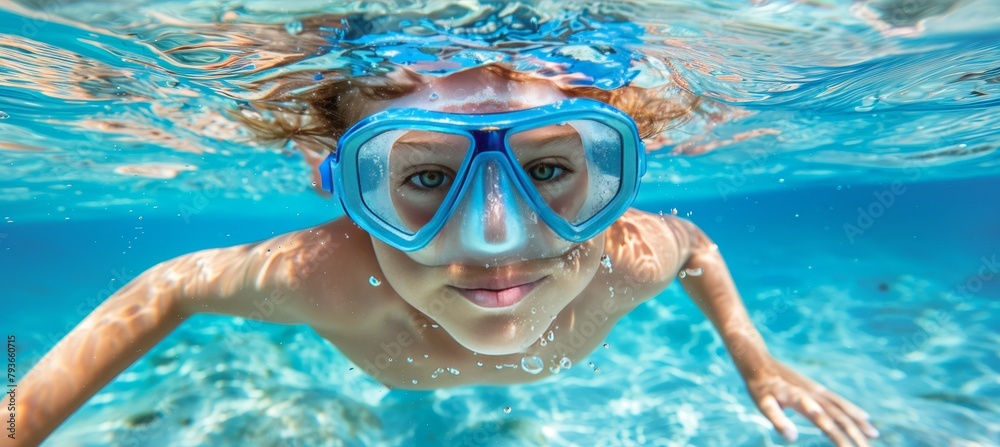 Underwater discovery  young woman engaging in an aquatic adventure swimming in clear blue waters