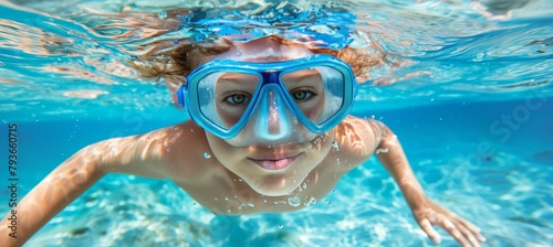 Underwater discovery  young woman engaging in an aquatic adventure swimming in clear blue waters © Ilja