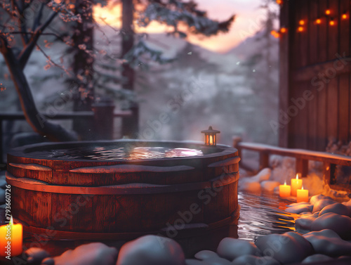 A barrel wooden black bathtub full of water  with warm candlelight  set against the backdrop of Japanese snow mountains and forests