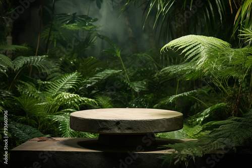 Stone platform in tropical green forest for product presentation. 3d rendering