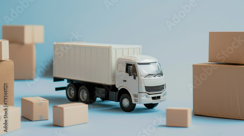 Miniature truck among cardboard boxes on a blue background, concept of delivery and logistics. Generative AI