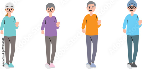 ウォーキングをしている高齢者のイラストセット