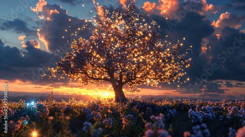 Growth Concept with Beautiful Blossoming Tree. Dramatic Springtime Image. photo