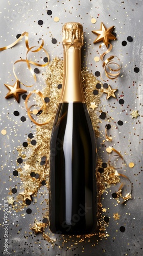 Champagne bottle with glittering confetti stars. A celebratory cava bottle surrounded by ribbons, and baubles on a color background, depicting festivity and luxury. Great design for postcard, banners
