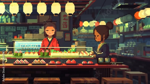 Animated pixel sushi bar scene with a Japanese girl as the chef, vibrant dishes displayed photo