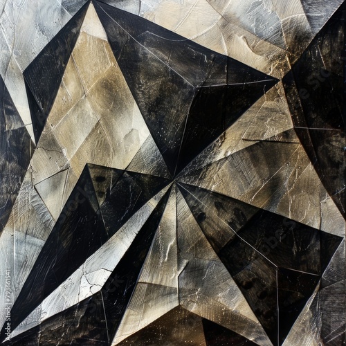 A black and white abstract painting with a gold and silver color scheme
