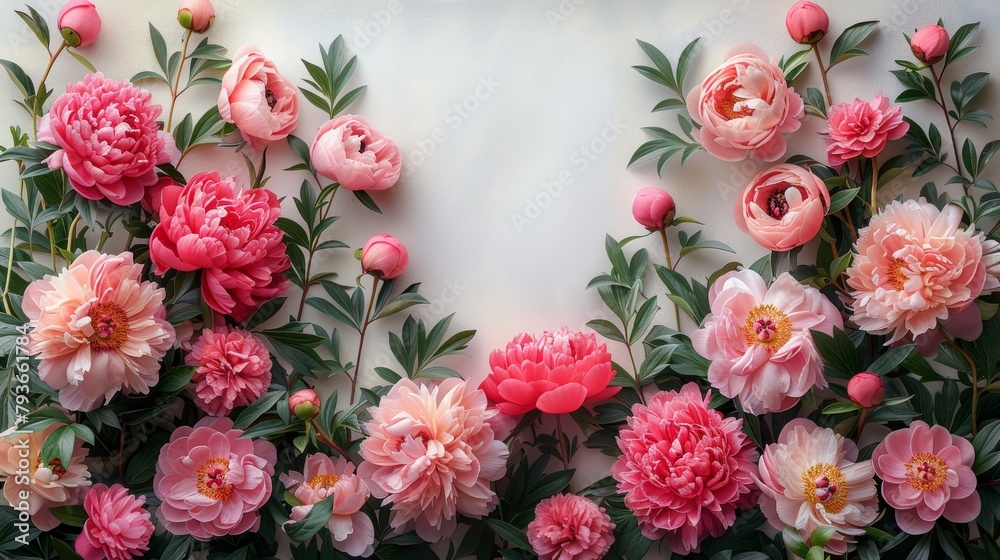 Top View of Peony Frame with Empty Center Space on White Background Generative AI