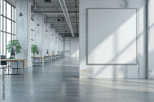 A spacious industrial-style interior with a blank frame on the wall, plants, and desks with computers, light background, concept of modern office space. Generative AI photo