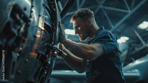 A man, appearing as an engineer or service worker, working on a jet airplane in a hangar. The setting is industrial and professional. Generative AI