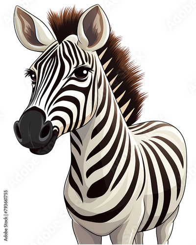 Striped cartoon zebra standing with a detailed mane and tail. Generative AI