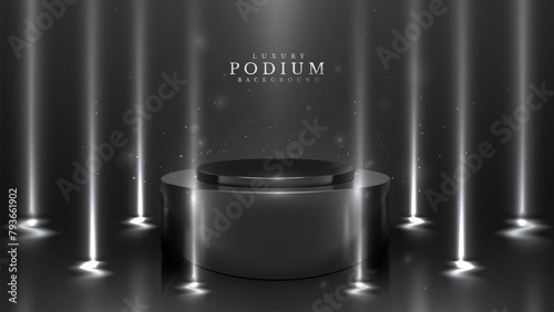 Sleek Black Podium with Spotlight and Sparkling Particles, Luxury Dark Scene Design Concept, Vector Illustration.