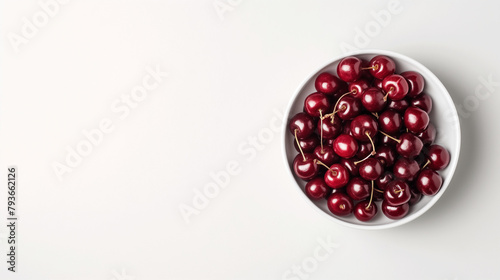 Red currants in a bowl on a white table top view space on the right