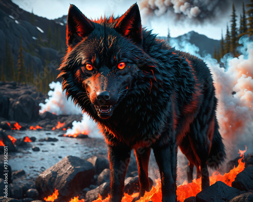 black fiery wolf against a background of volcanoes and lava. Generated AI