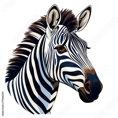 Striped cartoon zebra standing with a detailed mane and tail. Generative AI