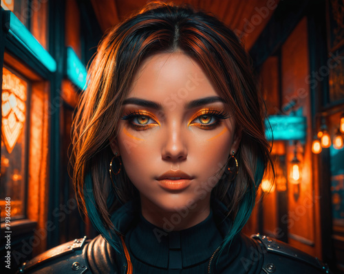 portrait of a cute girl against the backdrop of evening city blocks. Generated AI