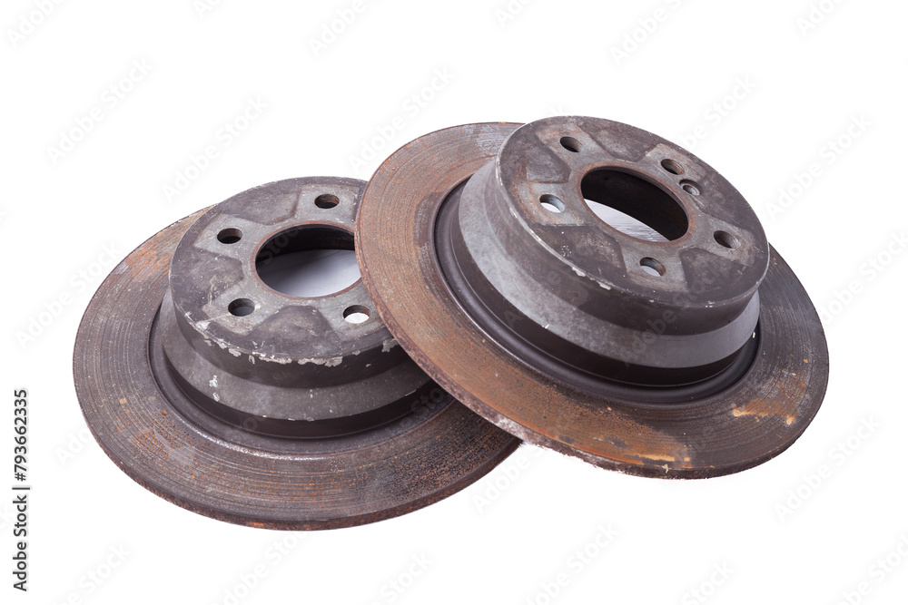 Old rusty brake disc on white background. Auto service industry. Spare parts catalog. Old rusty brake disc on white background. Auto service industry. Spare parts catalog.