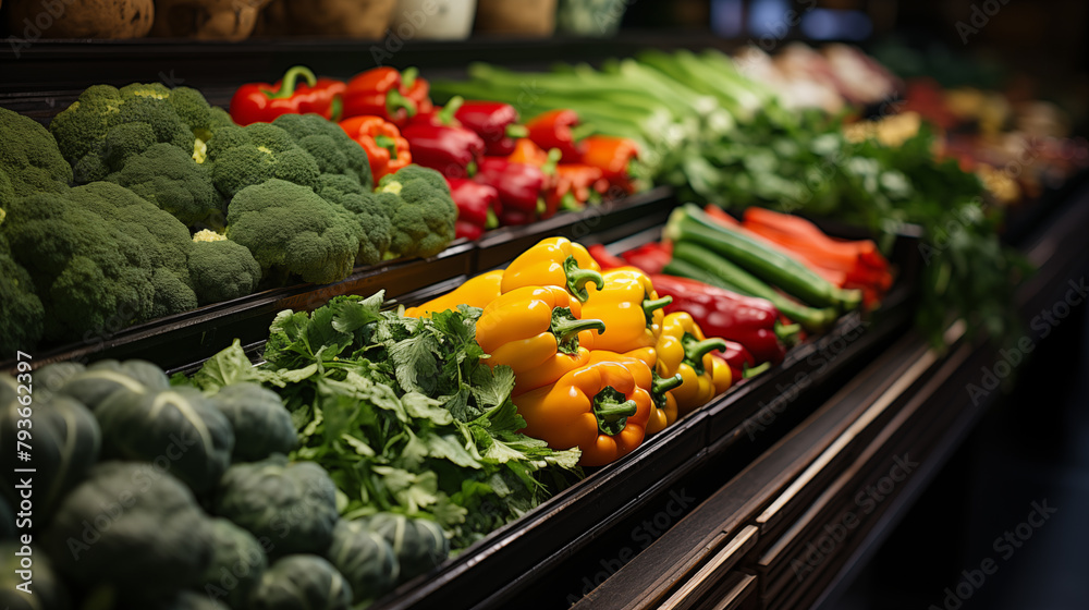 Assorted vegetables fill the store shelves, close-up showing crisp details. Vegetables burst with color, drawing shoppers' attention. Vegetables presented beautifully to emphasize quality