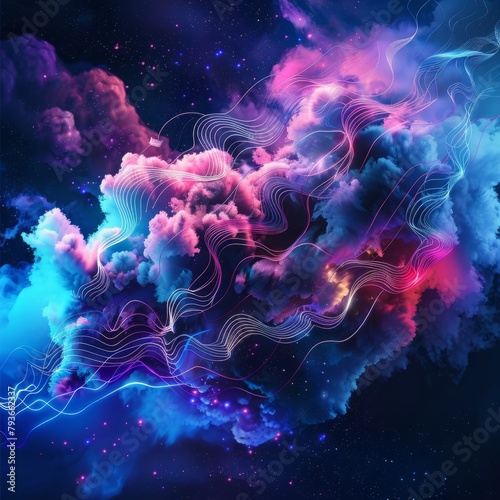 Vibrant abstract tech clouds with neon vapors and digital wind. 