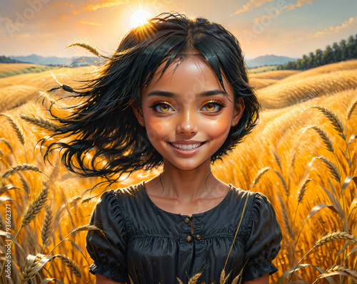 cheerful girl with flying hair against the background of a wheat field and spikelets. Generated AI