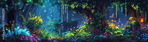 Pixelated fantasy fairy garden, magical creatures, glowing plants, and hidden nooks