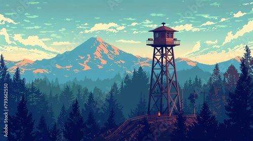 Pixelated forest fire lookout tower, ranger, binoculars, and expansive views