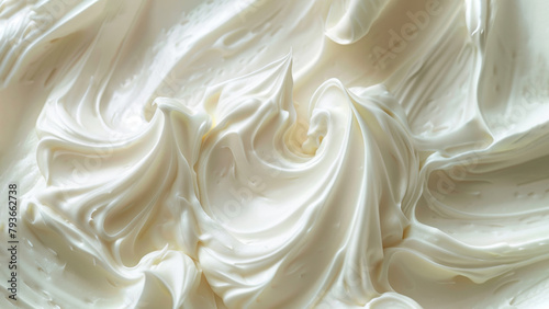 Close-up of soft texture of white cream, symbolizing comfort and simplicity with its gentle, creamy touch. White food background. Generative AI.