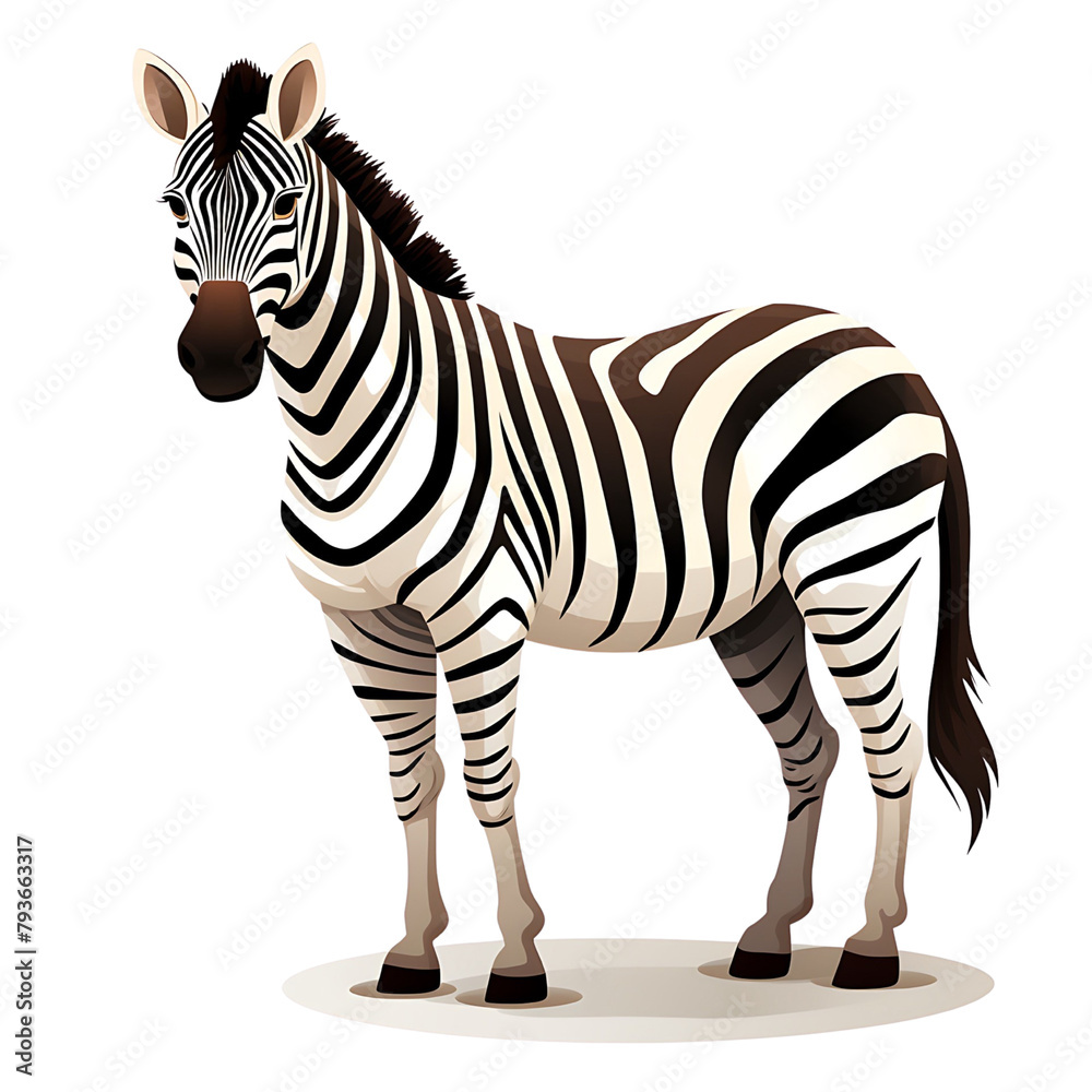 Fototapeta premium Striped cartoon zebra standing with a detailed mane and tail. Generative AI