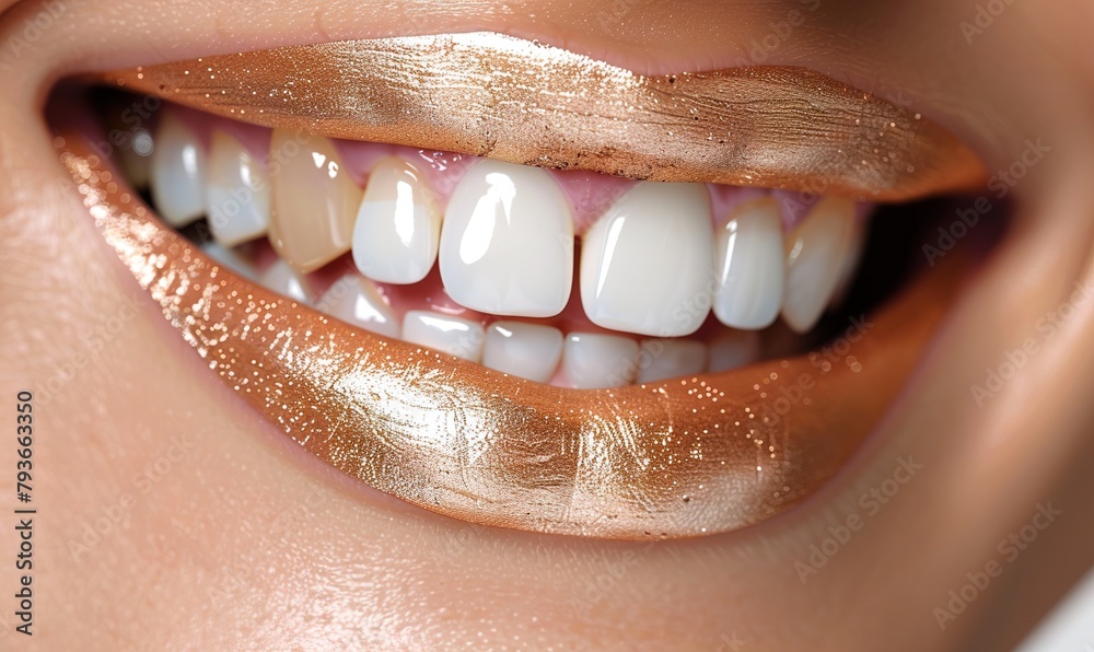 Fototapeta premium Close-up of Womans Mouth With Gold Lips