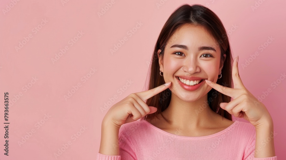 Confident Asian woman in a muted pink setting, looking directly at the camera, pointing to her smile, styled as bold and straightforward. Confident Asian woman in a muted pink setting, looking directly at the camera, pointing to her smile, styled as bold and straightforward.