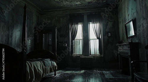 a dark creepy bedroom with light shining through the window, abandoned and dusty furniture, creepy atmosphere