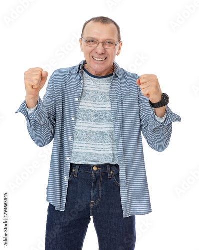 Portrait of sixty year old man in glases winning the prize, isolated on white background. Happy man in striped shirt showing yes sign and posing in studio.