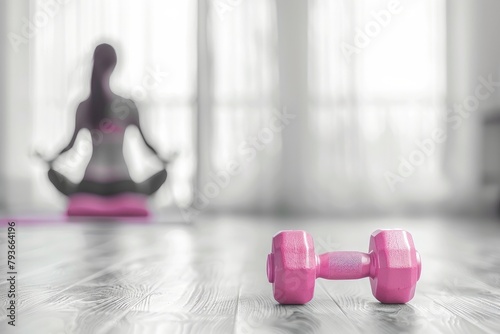  pink dumbbells on the floor in front, blurred woman doing yoga in the background,