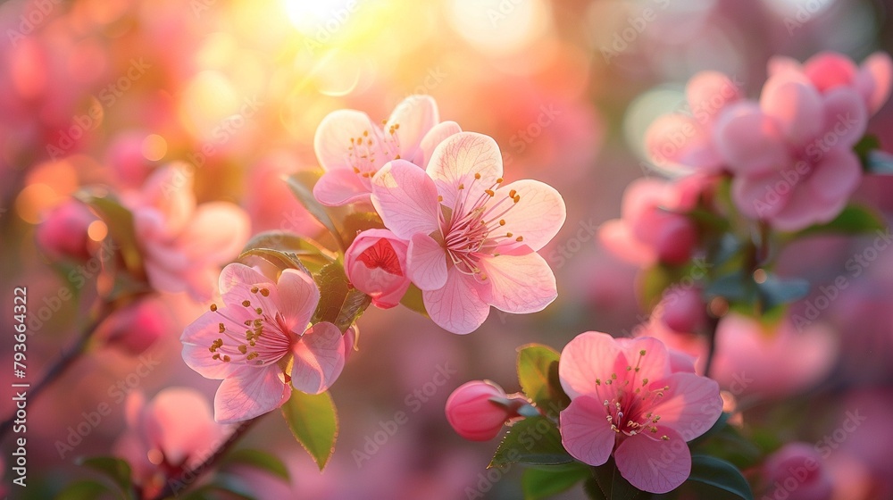 Realistic photos of beautiful cherry blossoms with blurred backgrounds.
